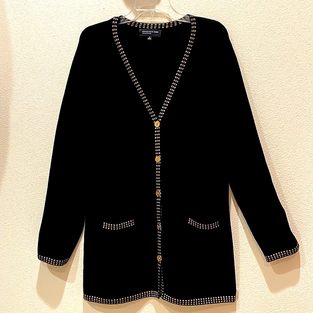 Jones New York black cardigan with gold detailing